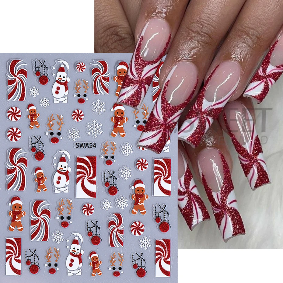 3d Kerst Nail Art Sticker Glitter Eland Sneeuwpop Peperkoek Man Emblemen Zelfklevende Sneeuwvlok Schuifregelaars Diy Manicure Decoratie