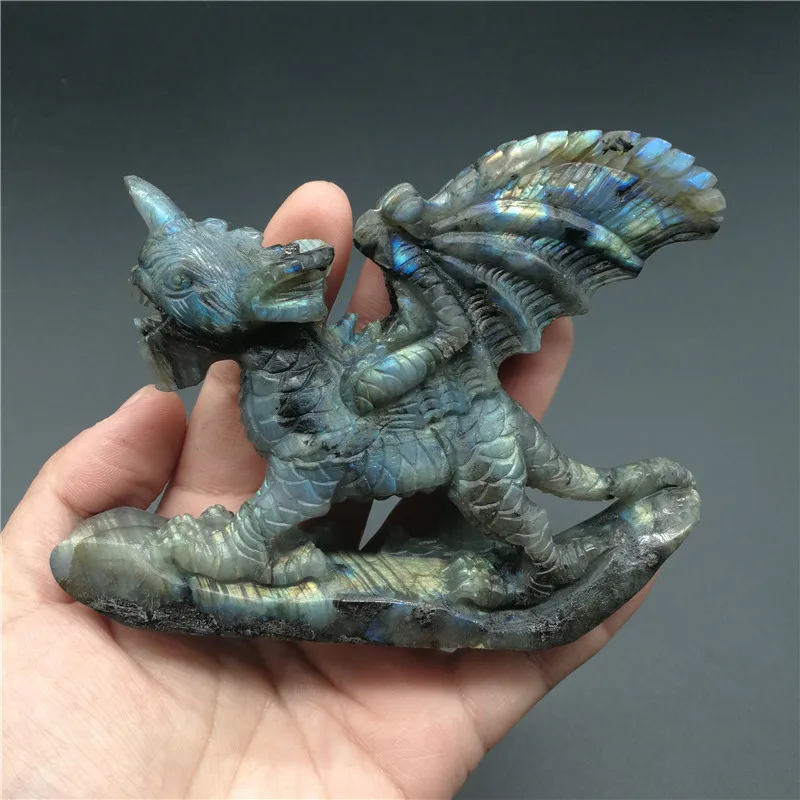 Natural Labradorite Dinosaur Stone Carving Figurine Healing Crystal Statue Home Decoration Gemstone Craft Gift Room Ornament