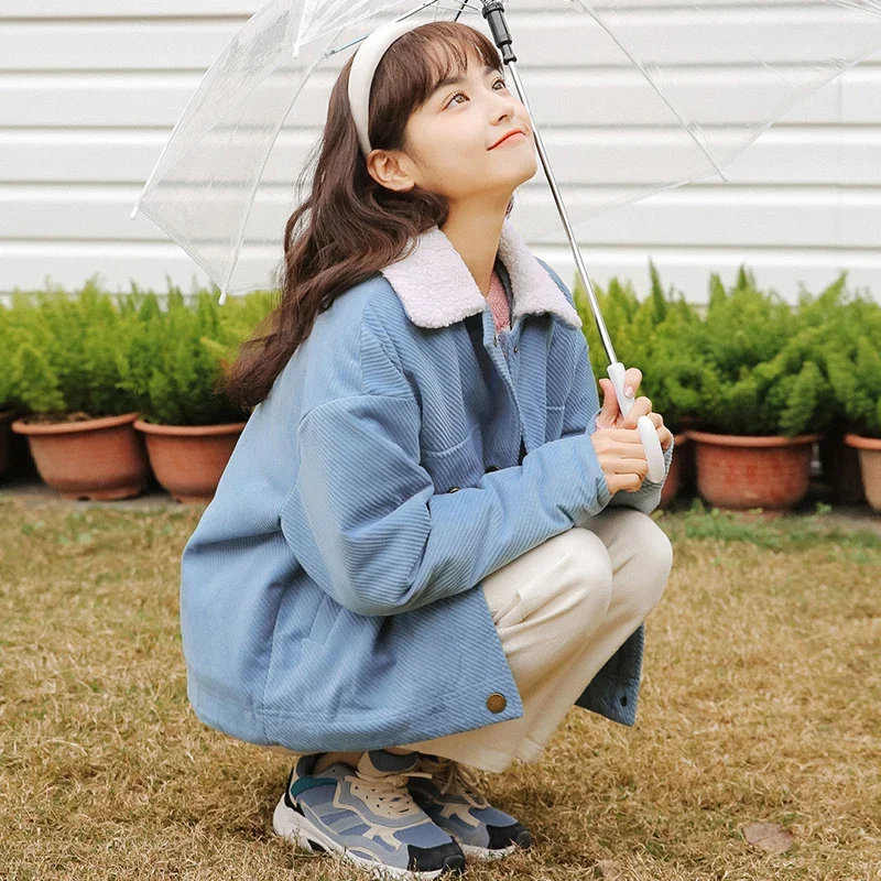 Parka da donna Velluto a coste Ulzzang Lana d'agnello Colletto rovesciato Cappotti Addensare Femme Bella Doudoune Accogliente monopetto Dolce Studenti