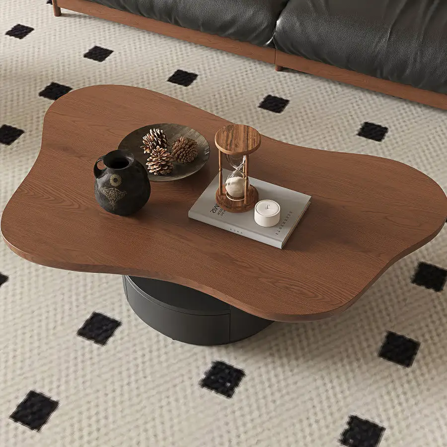 Multi-layer storage adjustable height walnut pattern top black painted coffee table