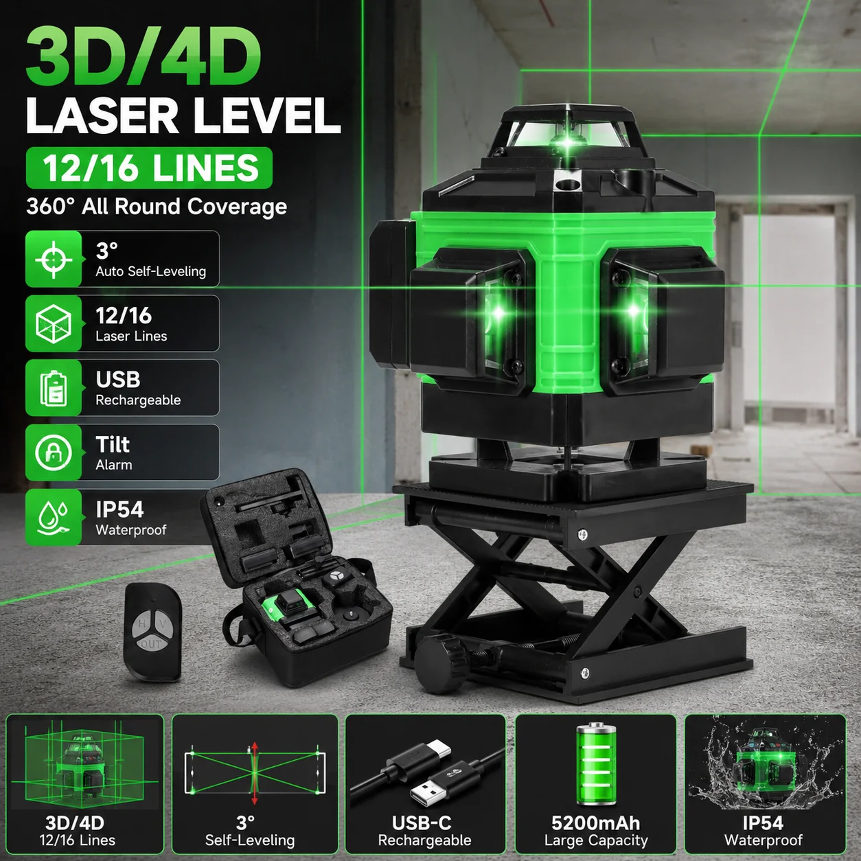 3D/4D 12/16 Linien Laser-Nivelliergerät, 3 °   Selbstnivellierendes Laser-Messgerät mit wiederaufladbarem USB-Akku, vertikales und horizontales Laser-Messinstrument.