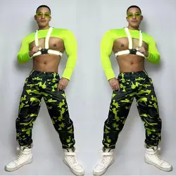 Fluoreszenz grüne Tops Tarnhose reflektierende Träger Outfit Nachtclub DJ DS Kostüm Muskel Mann Gogo Tanz kleidung