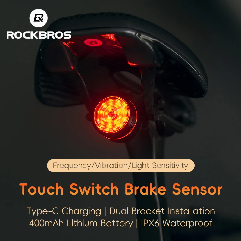 

ROCKBROS Bicycle Tail Light Brake Touch Smart Sensor Warning Team Connection Flashing Mountain Road Bike Night Riding Lights