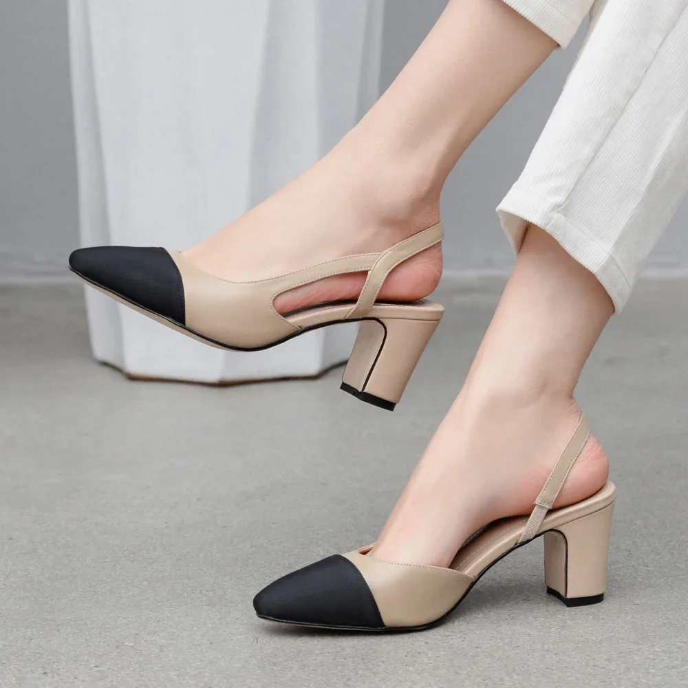 Comemore 2021 Summer Sandals Women Slingbacks High Heels Fashion Low Thick Medium Heel Shoes Leather Elegant Pumps Ladies Luxury