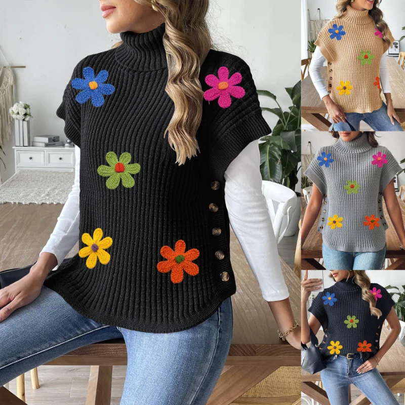

Women's Spring Autumn New High Collar Casual Pullover Sweater Vest Button Decorative Top