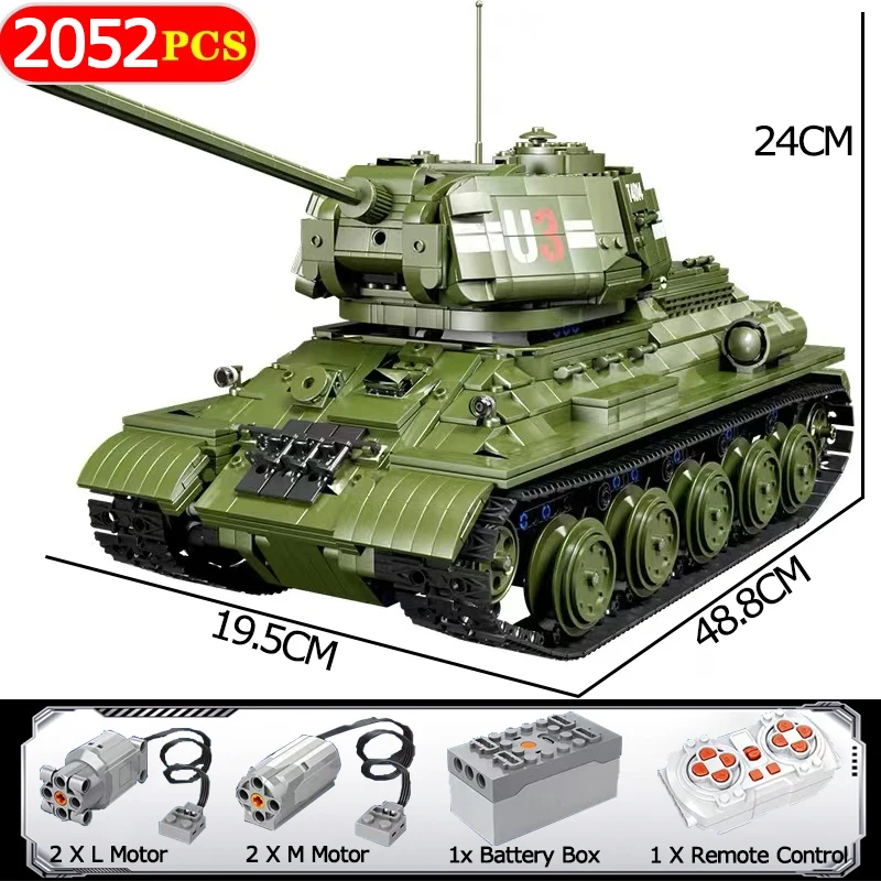 2052PCS Military WW2 Remote Control T34 Tanks Building Blocks Model MOC Idea Weapon Assembling Bricks Toy for Boys Birthday Gift