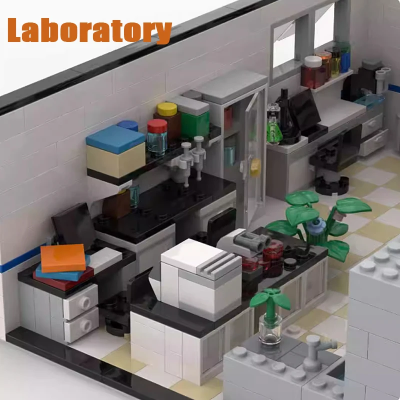MOC City Laboratory Scene Building Blocks Street View Office Table Game Computer Study Business Hall Chemistry Bricks Toys Gifts