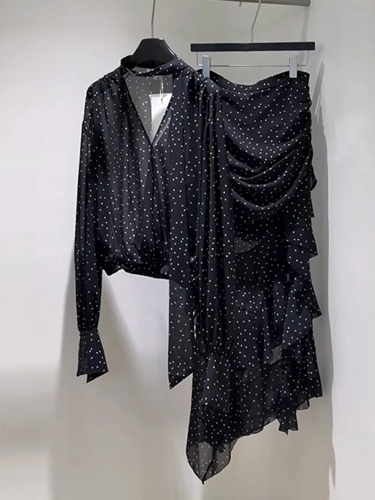 

Elegant Black Polka Dot Top And Skirt Set Women's Fashion Ensemble Unique Stylish 2025 New Arrival Midi Length Long Sleeve