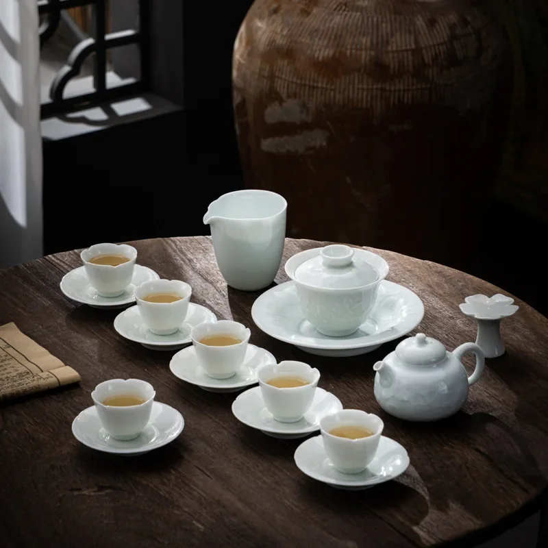 Shadow Green Relief Hovering Covered Bowl Teapot Teacup Ceramic Household Kung Fu Tea Set Gift Chinese Luxury Tea Full Tools Set
