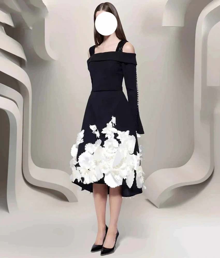 

Customized Exquisite Jersey A-Line Spaghetti Straps 3D Flowers Buttons Evening Dress Delicate Long Sleeves Celebrity Gowns