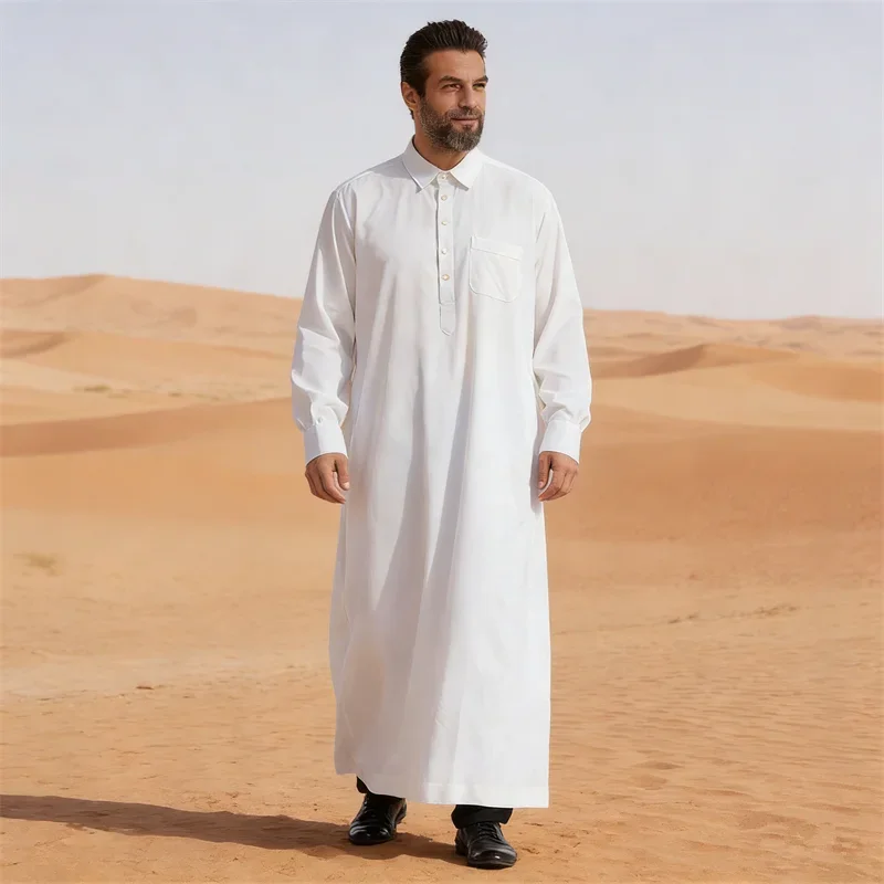 Men Islamic Arabic Kaftan Long Sleeve Casual Pockets Muslim Robe Saudi Arabia Dubai Men Jubba Thobe Ramadan Eid Abaya Dress Gown