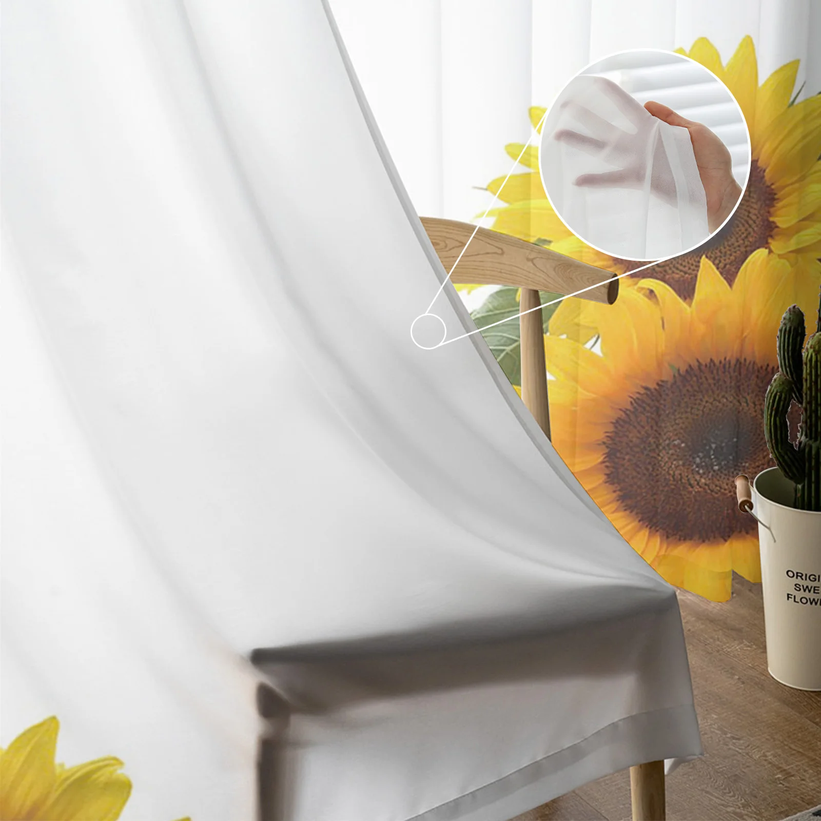 Sunflower Flower White Print Sheer Window Panel Curtains Room for Living Room Bedroom Kitchen Room Chiffon Tulle Curtains