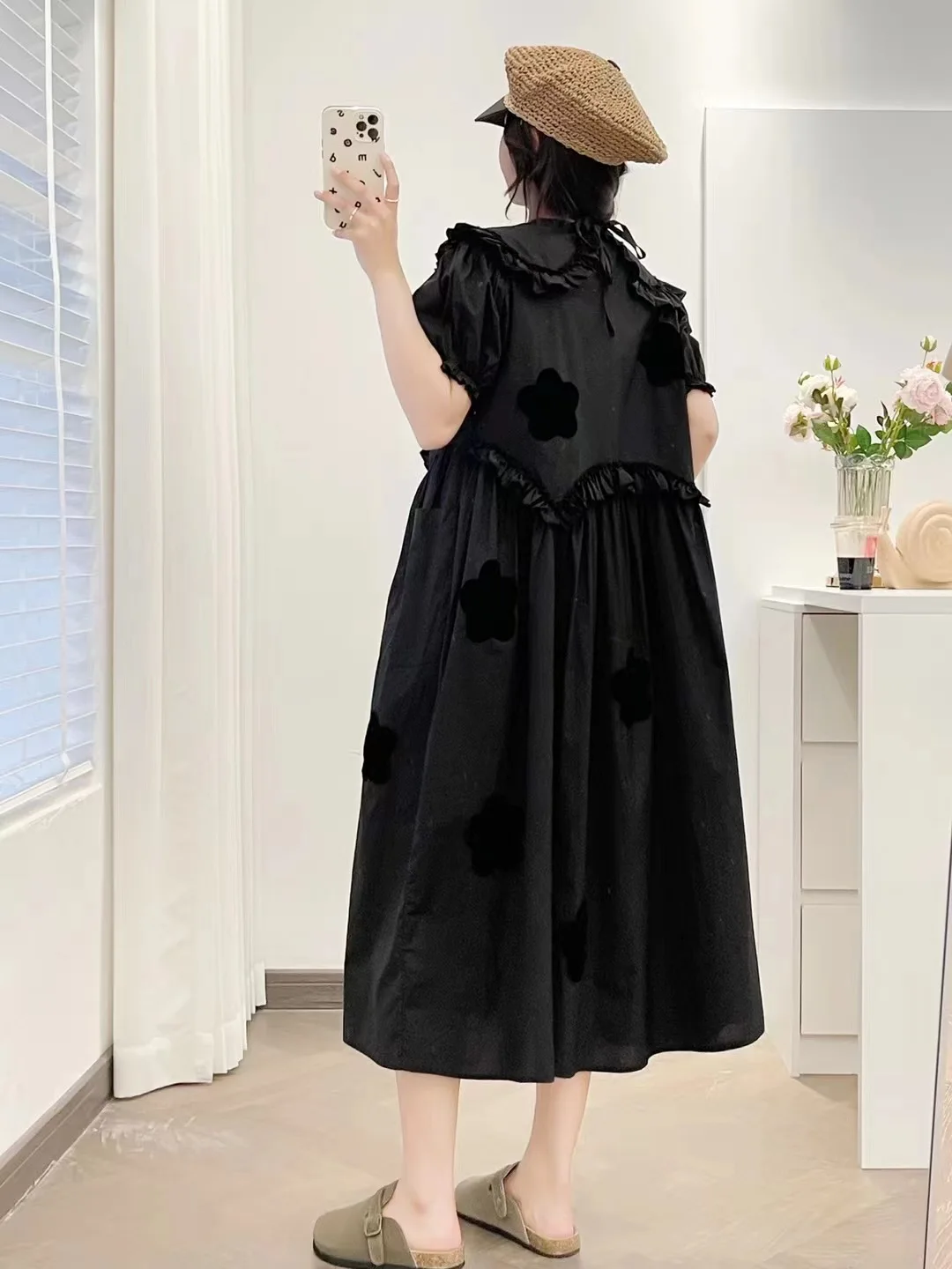 New Summer Cotton Short Sleeve Dresses Peter Pan Collar Flower Dress Mori Girl Casual Sweet Loose Dress 2024 Autumn D46925QM