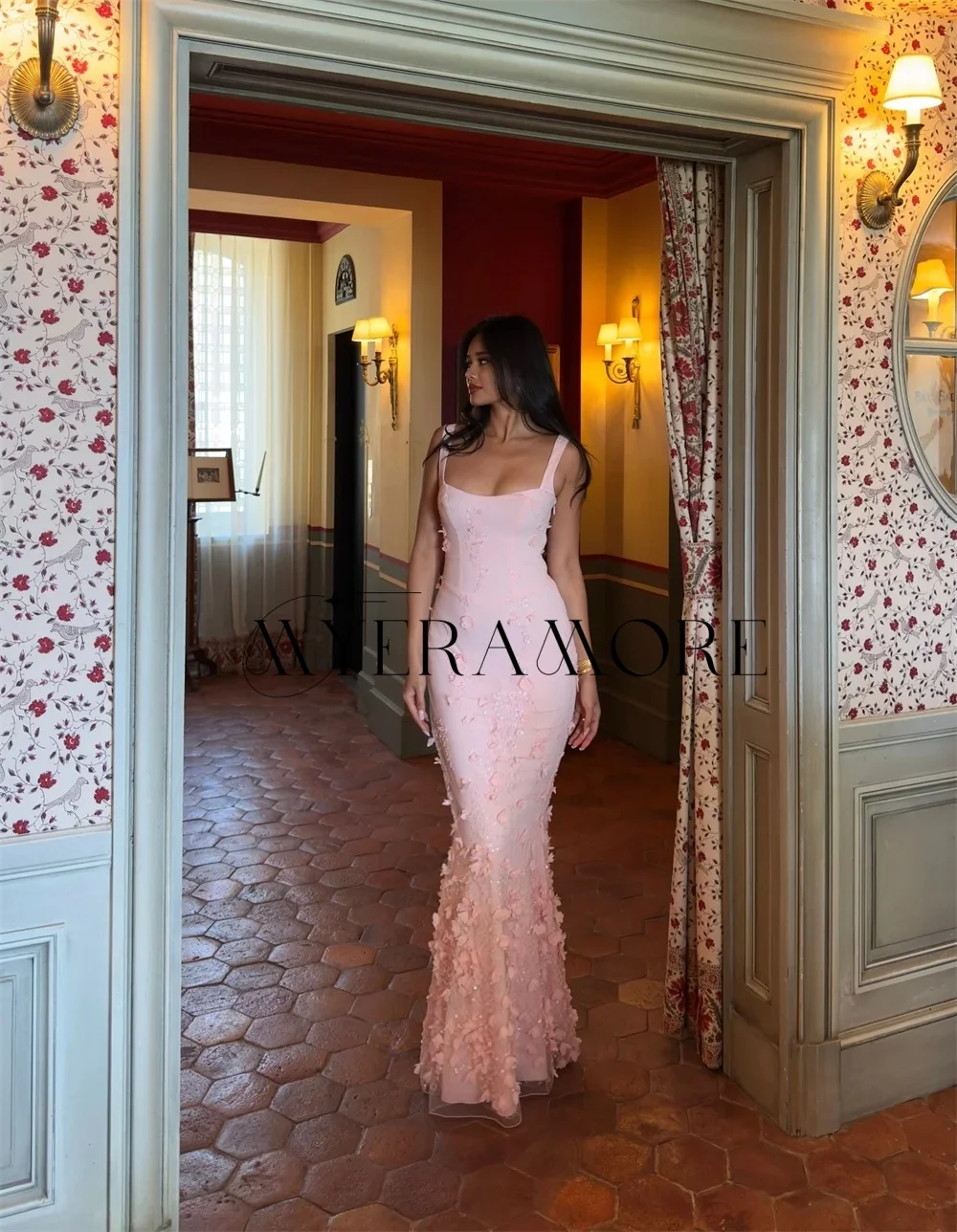 

Exquisite Pink Mermaid Evening Dresses Square Neck Lace Flowers Sleeveless Prom Dresses Customized robes de soirée