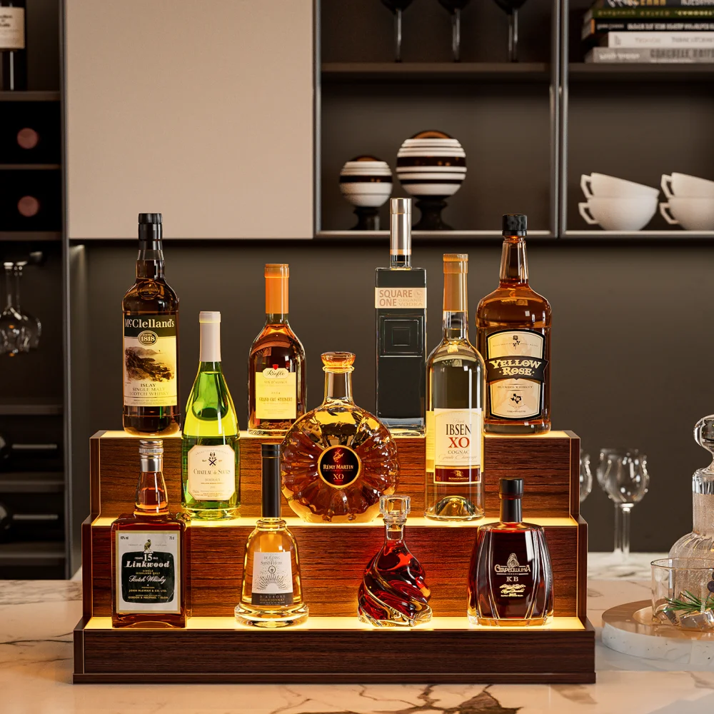 

LED Lighted 24-Inch Freestanding Liquor Bottle Shelf: App/Remote,3 Step Walnut for Home Bar & Party