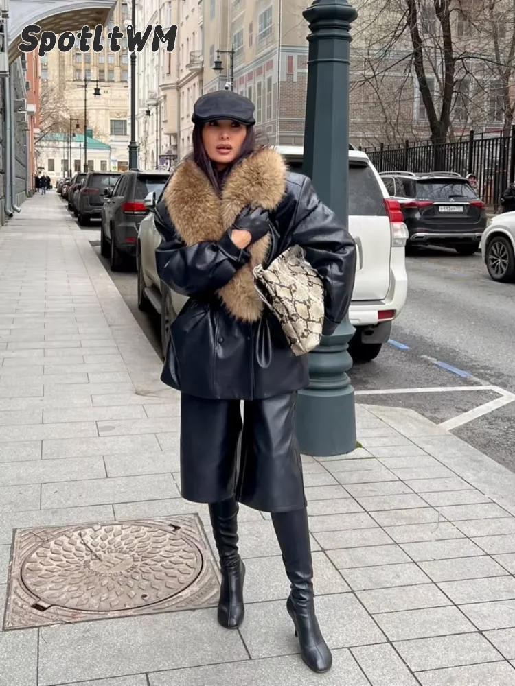 Women's Drawstring Waist Faux Leather Jacket Big Faux Fur Collar Long Sleeve Warm Winter New Casual Daily Street Outerwear