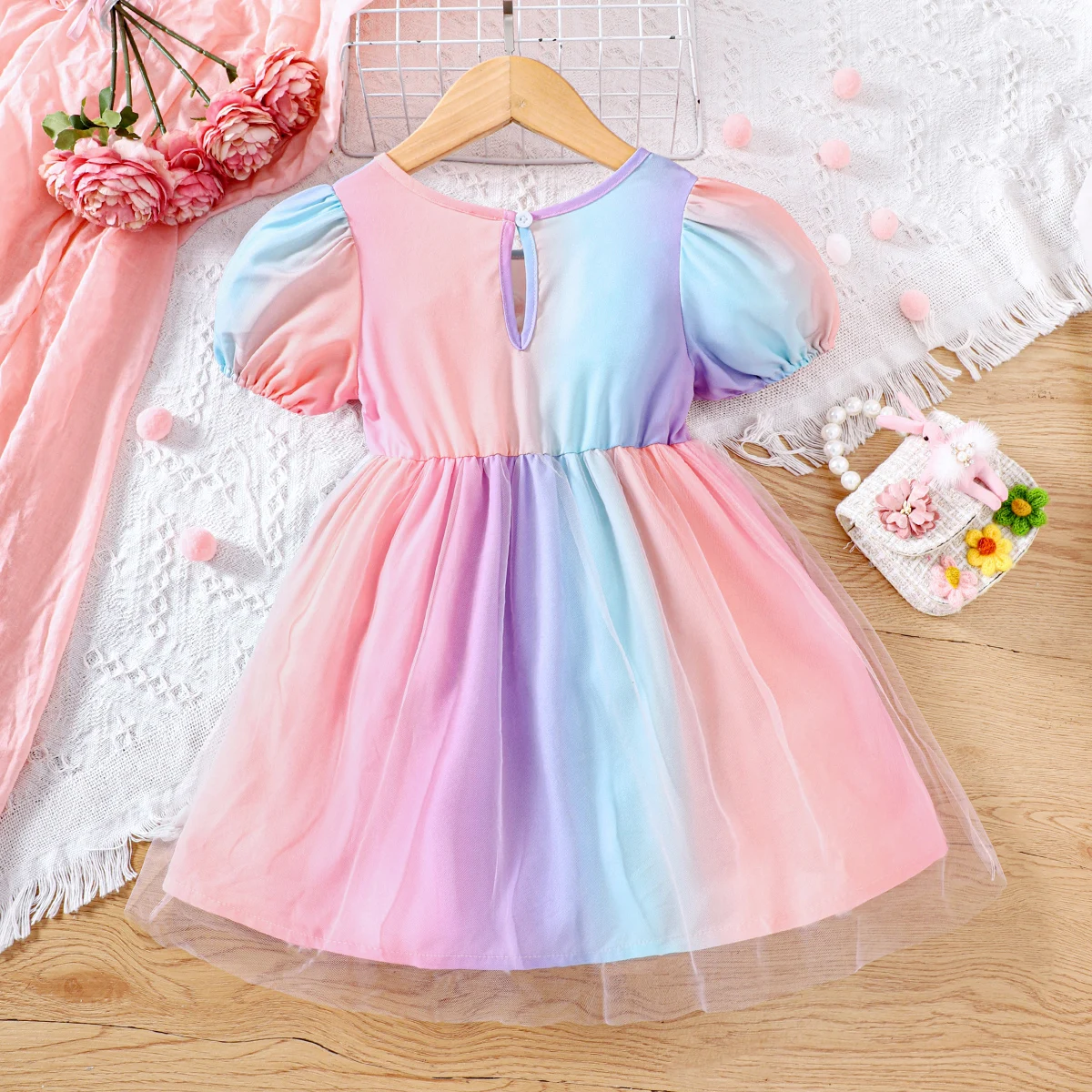 Summer New Leisure Fashion Gradient Bubble Sleeves Bow Colored Mesh Dress For Primary And Secondary School Girls