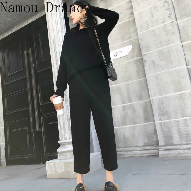 2023 Winter Knitted 2 Pieces Set Tracksuits Women Thick Warm O-neck Loose Sweater+Ankle-Length Pants Warm Cashmere Suit