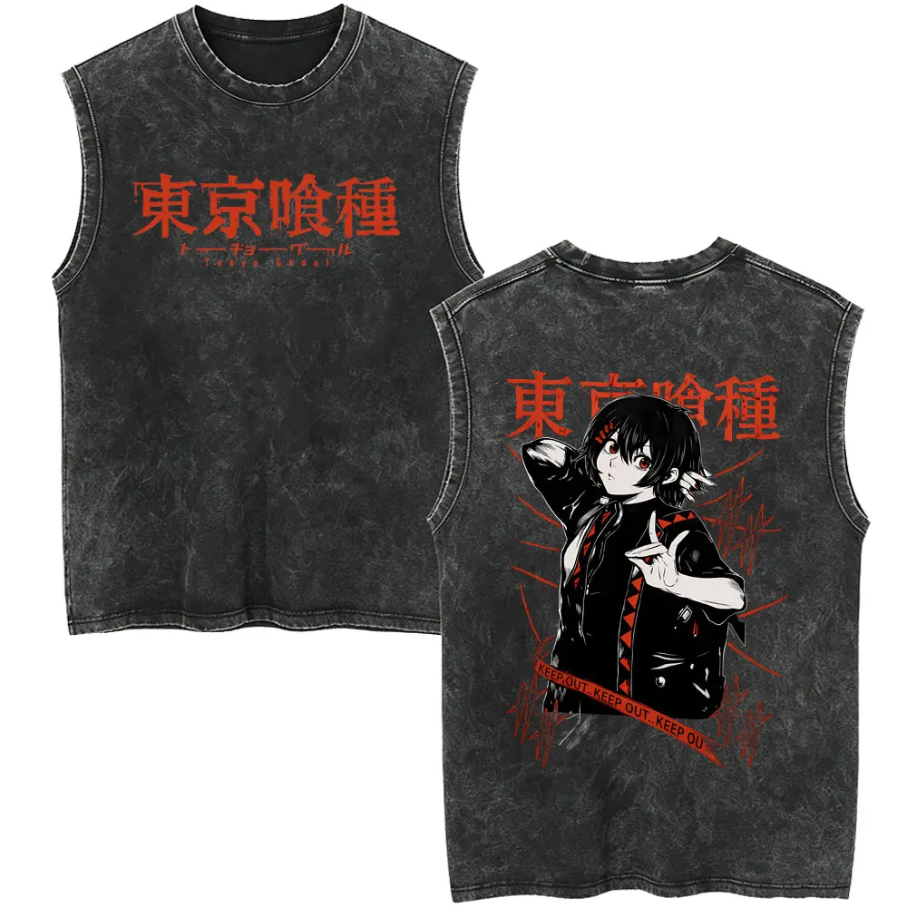 Anime Tokyo Ghoul Vintage Washed Tank Tops Cartoon Juzo Suzuya Sleeveless Vest T-shirt Men Women Manga Retro Oversized T-shirts