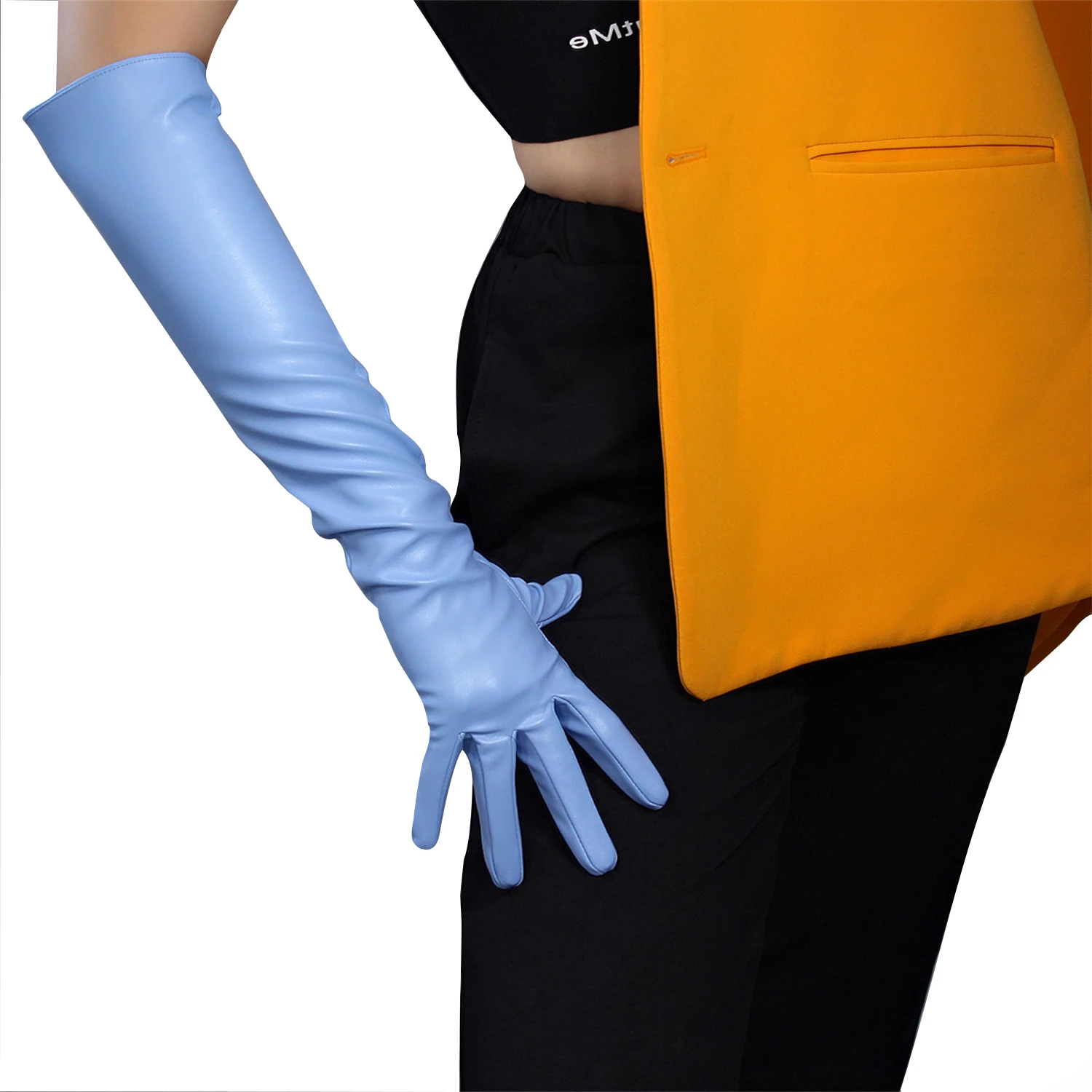 DooWay Women's POWDER BLUE Long Leather Gloves Faux Goatskin Elbow Cosplay Dressing Club Party Evening Prom Fashion Formal Glove