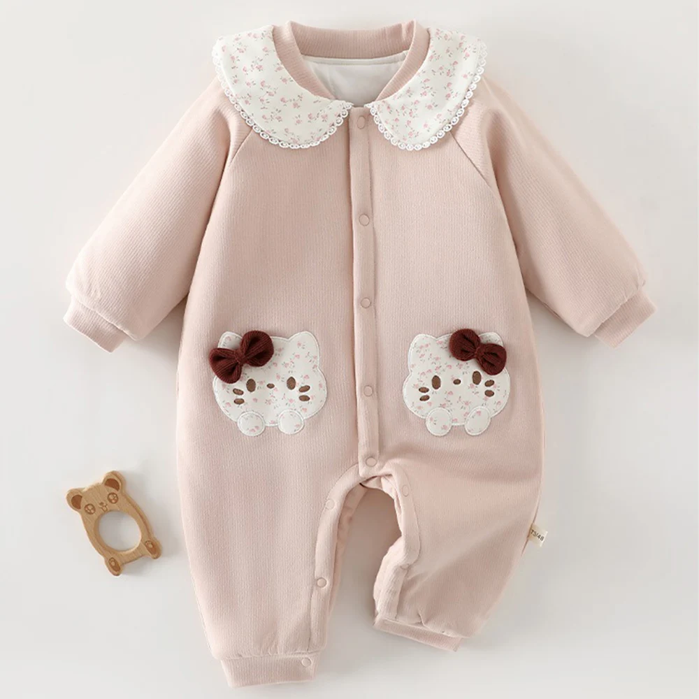 Christmas Baby Girl Romper Floral Collar Quilted Warm Baby Winter Clothes Princess 1st Birthday Infant Jumpsuit High Quality
