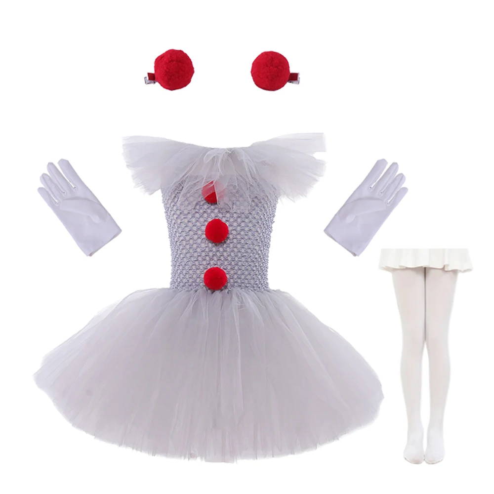 Clown Costume Girls Carnival Party Fancy Gray Joker Tutu Dress Up Outfit Creepy Joker Cosplay Halloween Costume for Kids Clothes