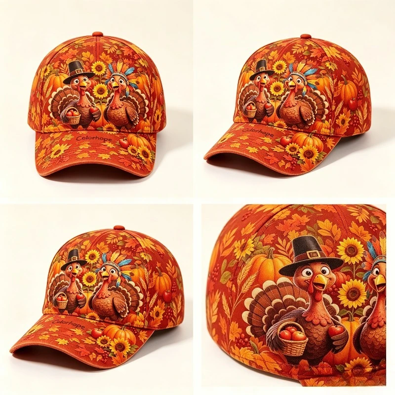 Customization 1pc Unisex 2D All-Over Print Baseball Cap, Happy Thanksgiving Double Turkey Pumpkin Maple Sunflower Hat, Adjustabl
