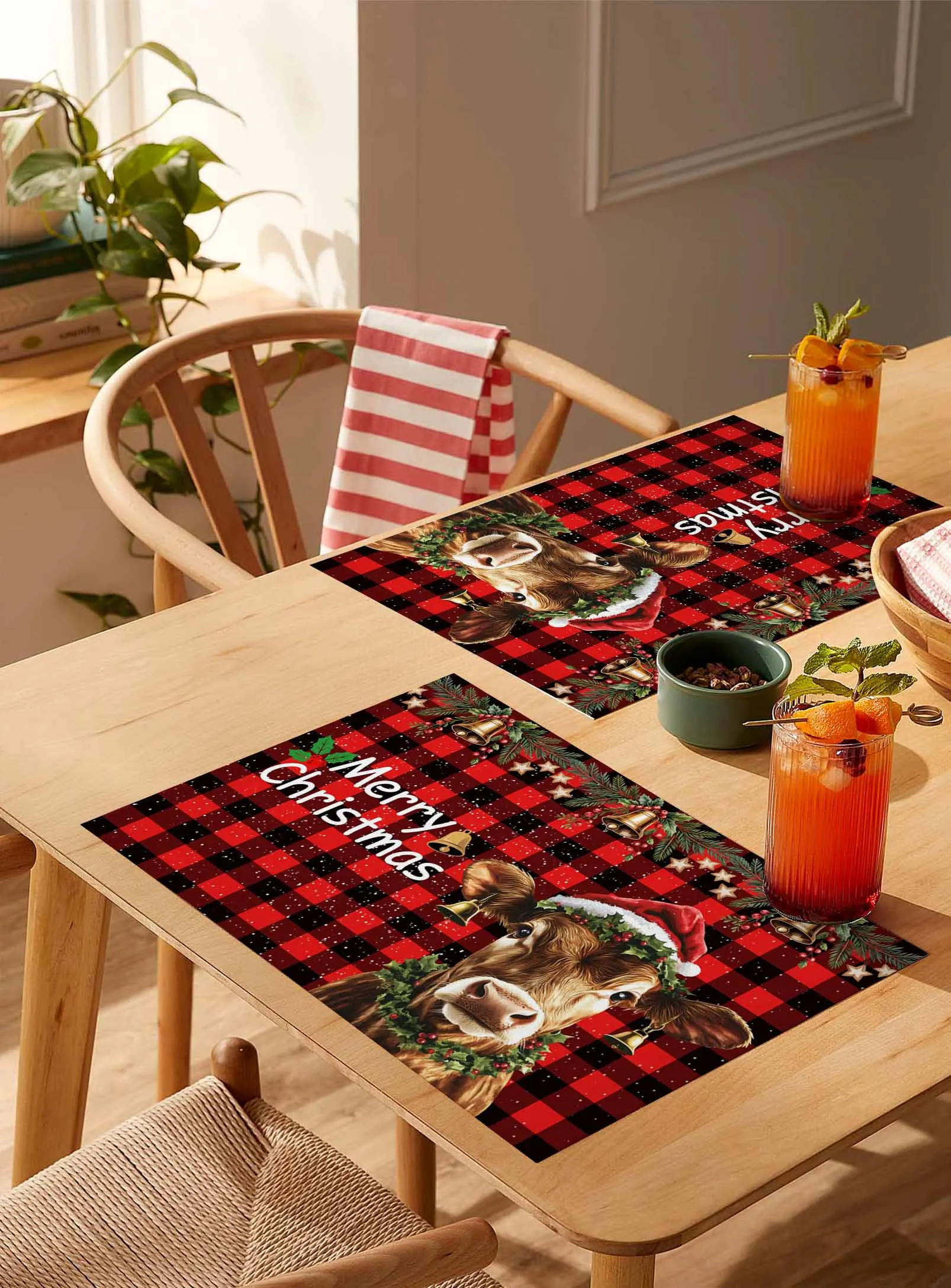 

4/6 Pcs Christmas Plaid Bell Star Animal Placemat Wedding Party Dining Decor Linen Table Mat Kitchen Accessories