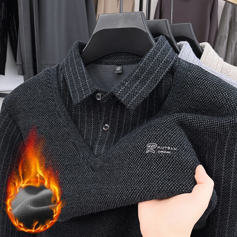 الرجال فو قطعتين الصوف مبطن سترة الأعمال عادية بولو البلوز الخريف الشتاء سميكة متماسكة البلوزات الشارع الشهير البلوز #2
