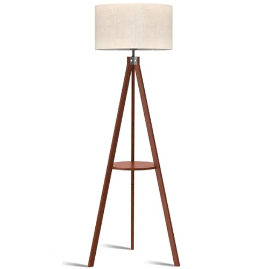 

Tripod Floor Lamp, Mid Century Wood Standing Lamp, Modern Design Shelf Floor Lamp for Living Room, Bedroom, Office, Flaxen Line
