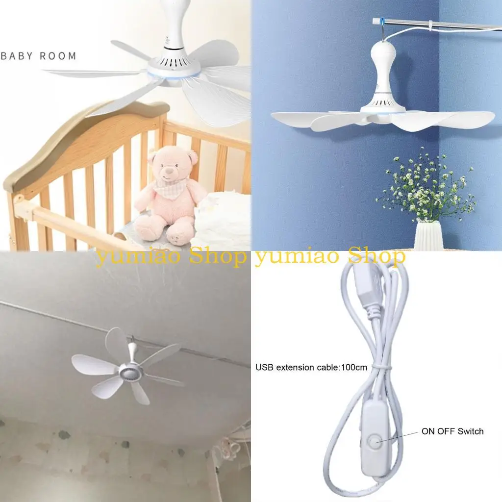 

587B Silent 6 Leaves USB Powered Canopy Ceiling Fan with Power Switch Hanging Fan for Outdoor Camping Home Bed Tent Dorm