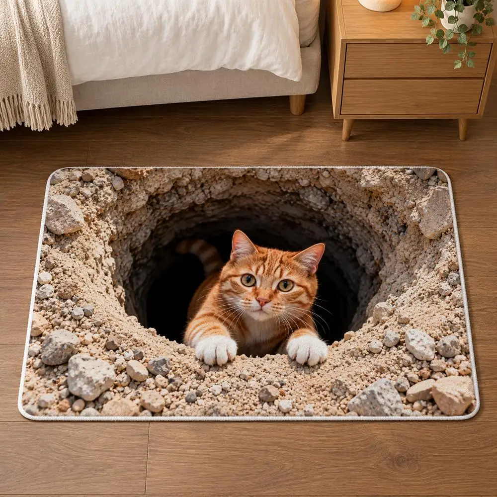 Cute Ginger Cat Peeking Hole Floor Mat Flannel Rug Soft Non Slip Door Mat for Bathroom Bedroom Entryway Home Decor Gift