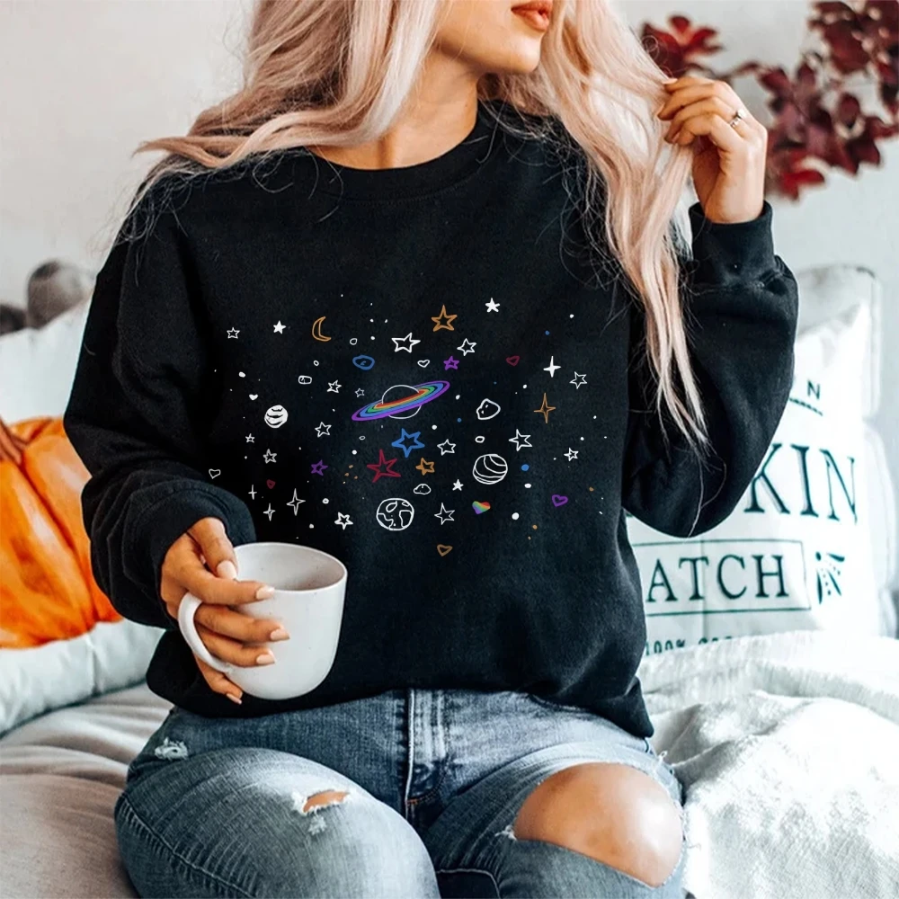 سويت شيرت كاجوال فضفاض بأكمام طويلة ملون من Galaxy Motif عصري كاجوال عصري مريح من القماش