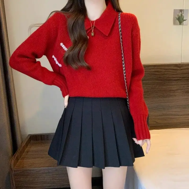 Autumn Winter Red Sweater Women 2024 New Year Christmas Unique Top New Chinese Style Warm Festive Turn-down Collar Trend Fashion