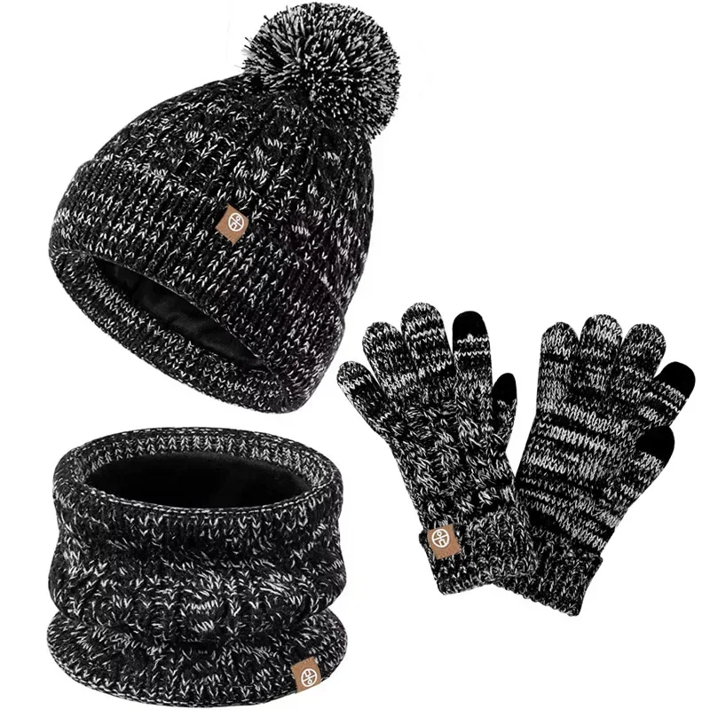 3pcs Winter Hat Set for Children Beanies Snood Gloves Kids Gilr Boy Winter Cap Thick Plush Lining Cute Pompom