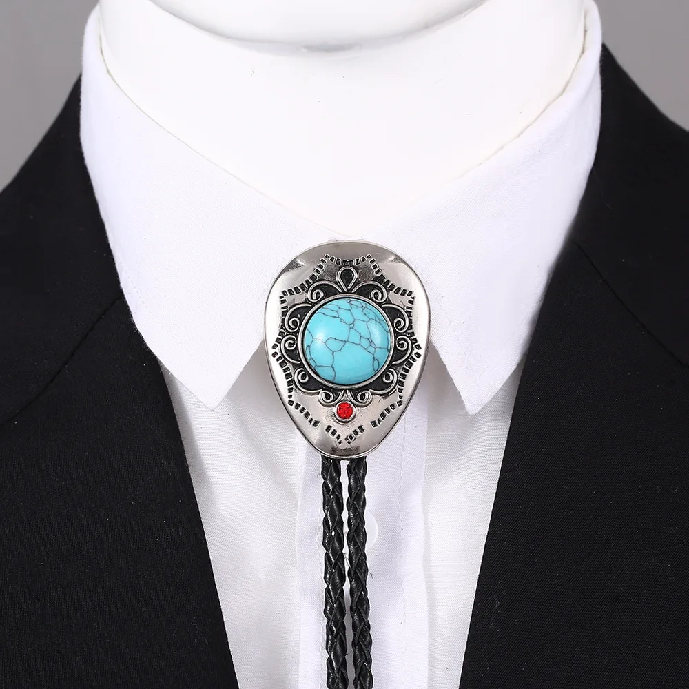 New Fashionable Men's Turquoise Geometric Alloy Carved Leather Rope Pollo Tie Men's Gift Accessory Wholesale