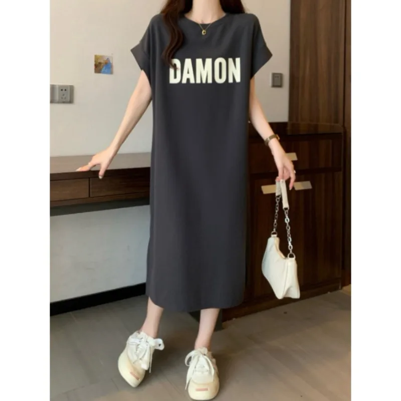 Women's Hort-sleeved T-shirt Dress Letter Printing Design Summer Loose and Thin Belly Covering Straight Casual Knee Skirt