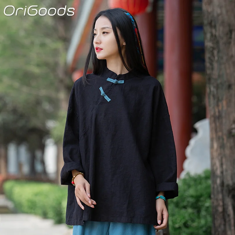 OriGoods Chinese Traditional Clothing Long Sleeve Shirt Women Loose Linen Cotton 2024 New Shirts National Blouse Tops B052