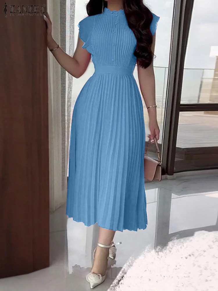 ZANZEA 여성 여름 드레스 민소매 주름 베스티도스 2025 캐주얼 OL 워크 선드레스 지퍼 패션 솔리드 터틀넥 로브 팜므