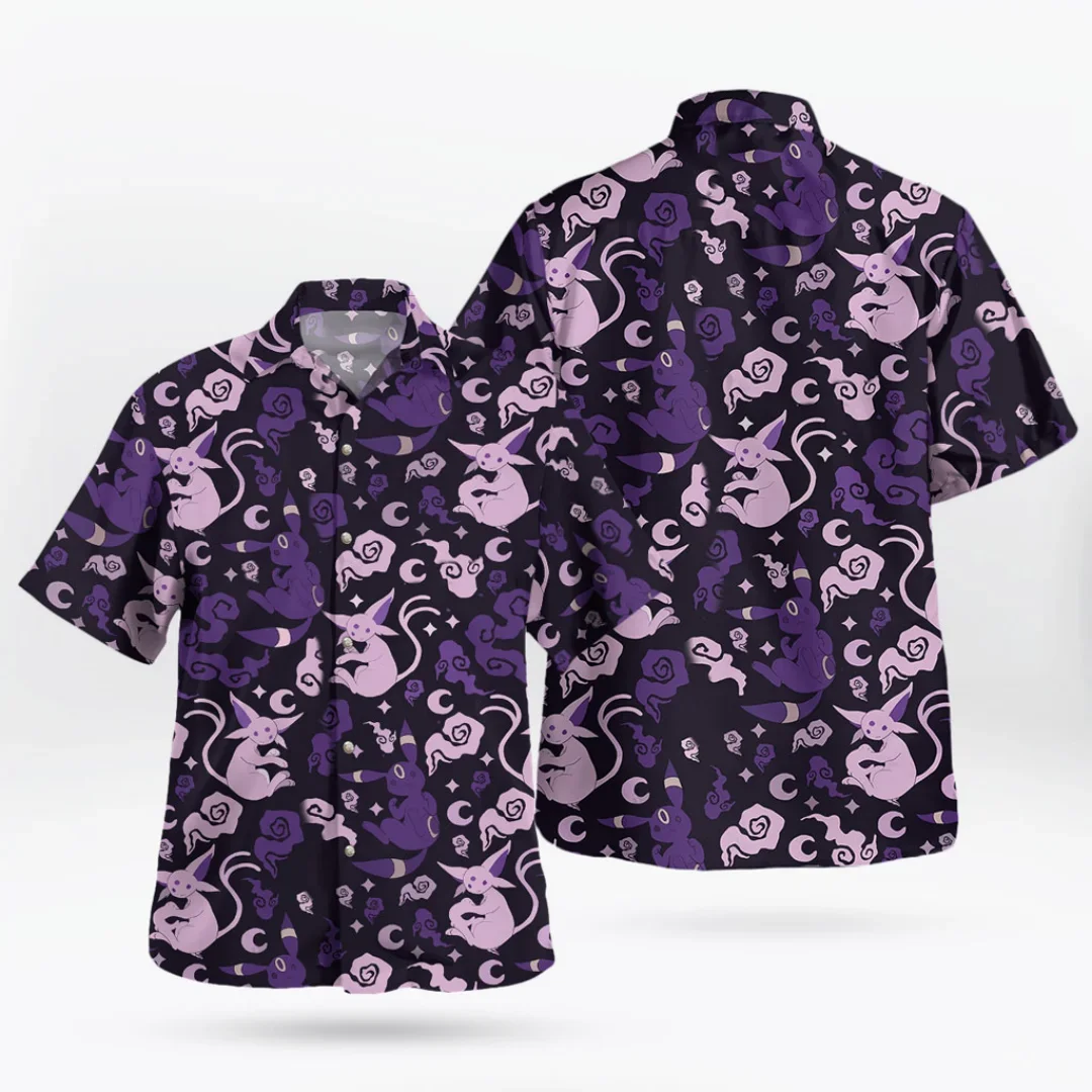 Summer Men's Anime Printed Short Sleeved Shirt Sun Moon Eevee IP Design Breathable Leisure Vacation Shirt