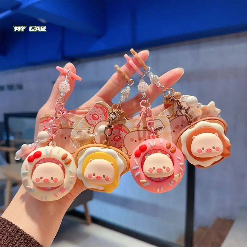 

Car Key Pendant Bread Donut Rotatable Piggy Keychain Cartoon PVC Pig Animal Keyring Funny Alloy Mobile Phone Pendant Girls Gifts
