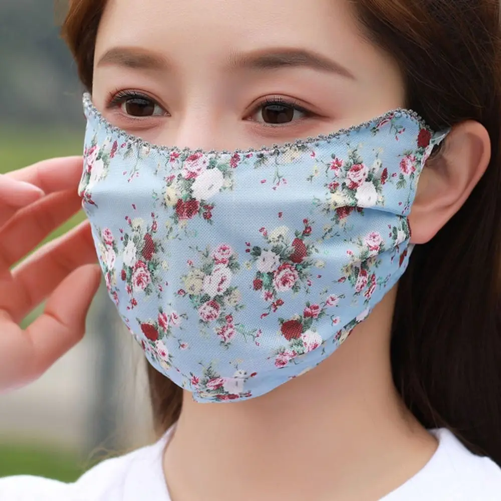 

Lace Ice Silk Mask Thin UV Protection Sunscreen Veil Face Gini Mask Flower Printing Face Mask Face Cover Outdoor