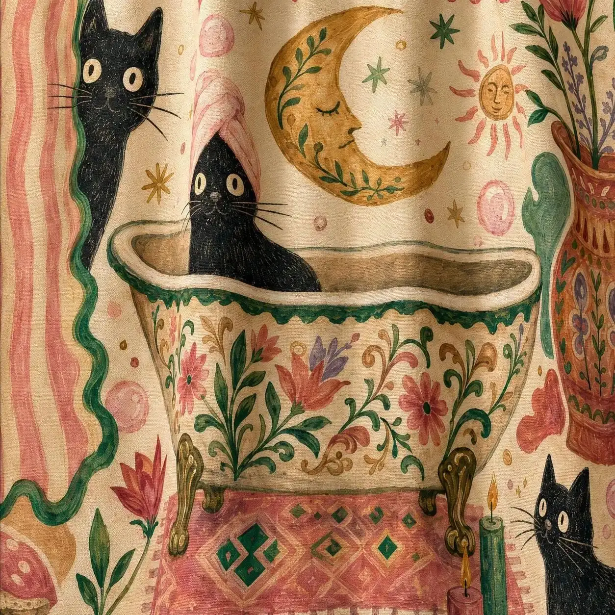 Cute and Playful Bohemian-style Cats' Shower Curtain with A Dreamy Moonlight and Floral Theme Blanket