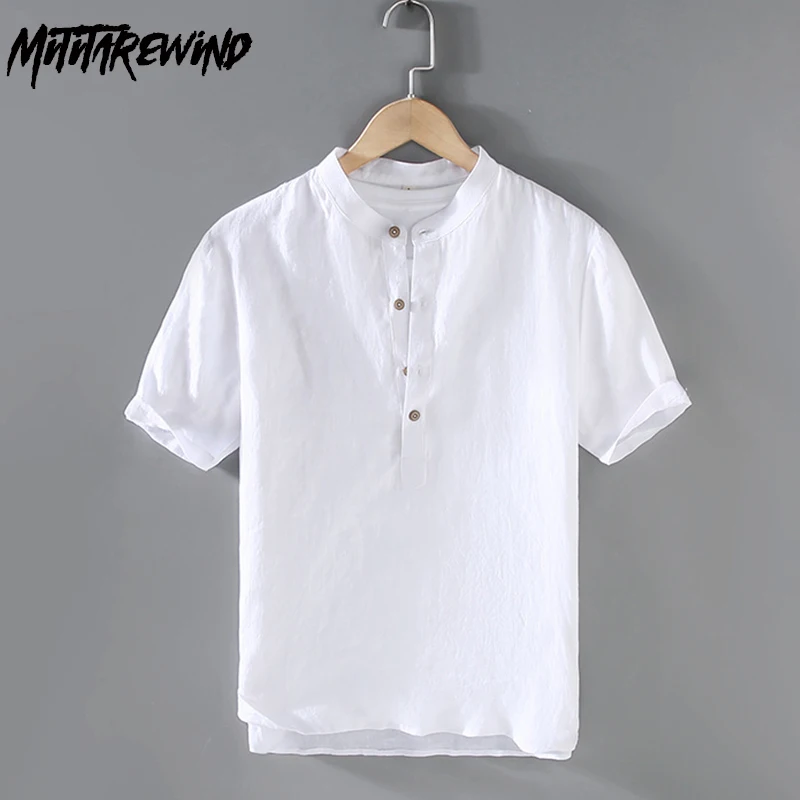 

Vintage Shirt Summer Men Pure Linen Shirts Lazy Style Beach Pullover Top Men Causal Stand Collar Short Sleeve Shirt Breathable