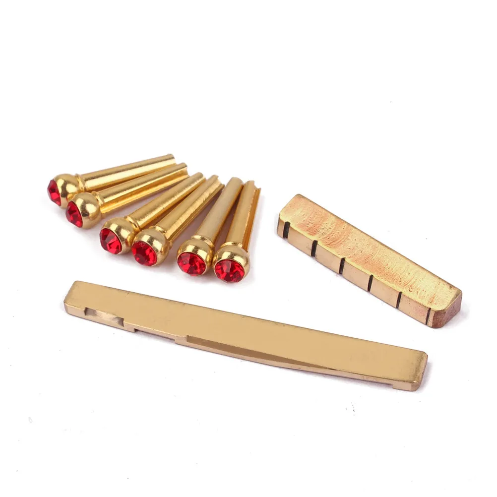 Guitar Brass Bridge with Nut Red Crystal Design Flat Bottom Polished Surface for Acoustic Guitar Tone Enhancement Durability