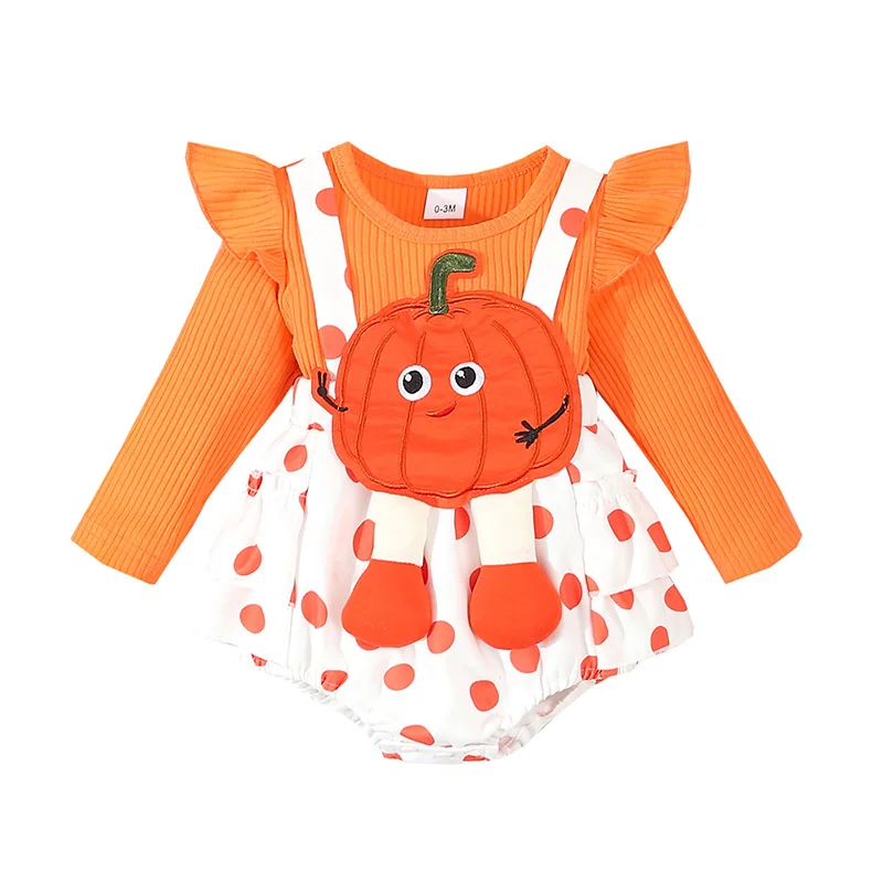 Baby Girls Rompers Dress Halloween Clothes Dot Print Pumpkin Embroidery Skirt Hem Jumpsuits