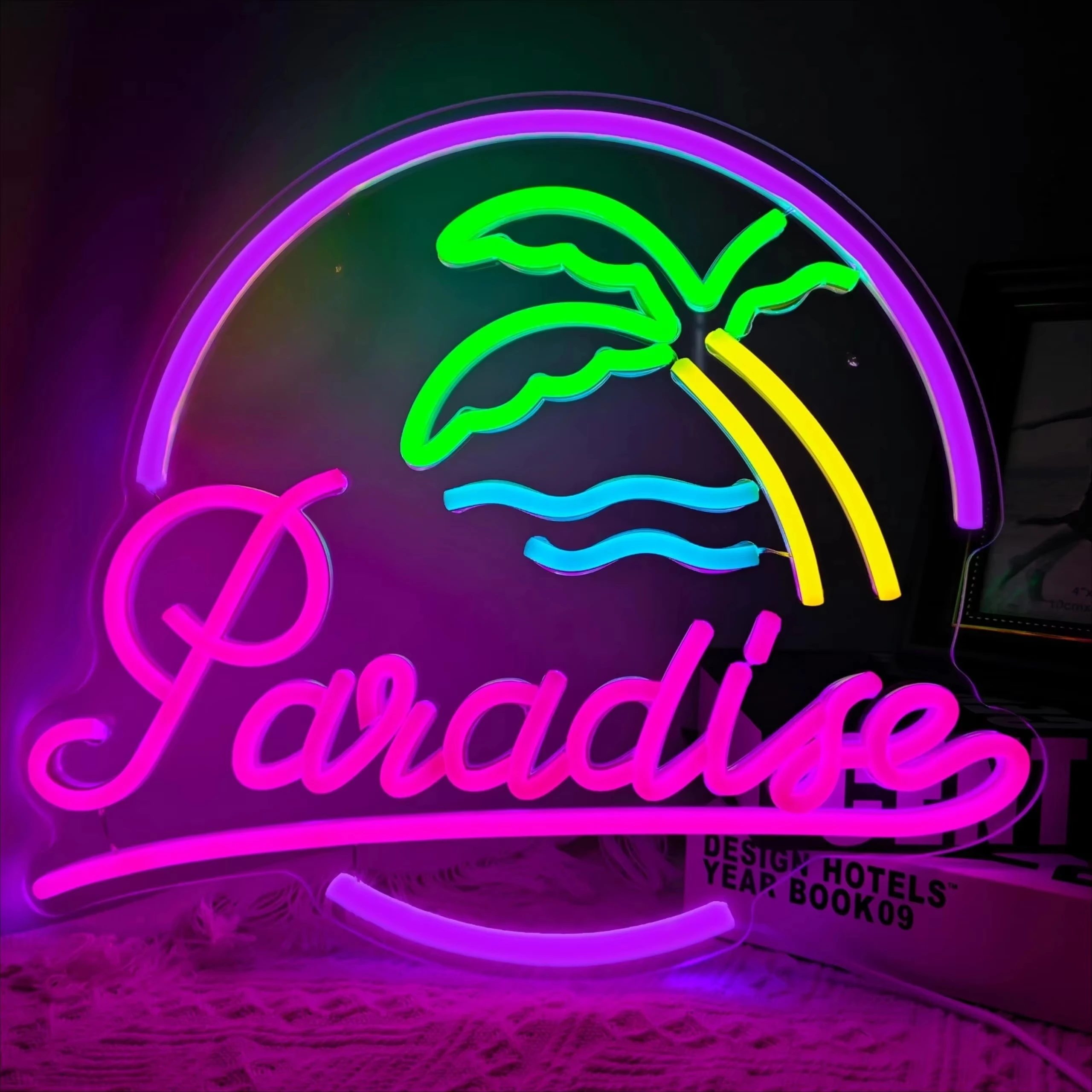 Paradise LED Neon Light Sign Tropical Palm Tree Sun Neon Sign for Home Beach House Cafe Shop Bar Party Coastal Decor Neon Sign
