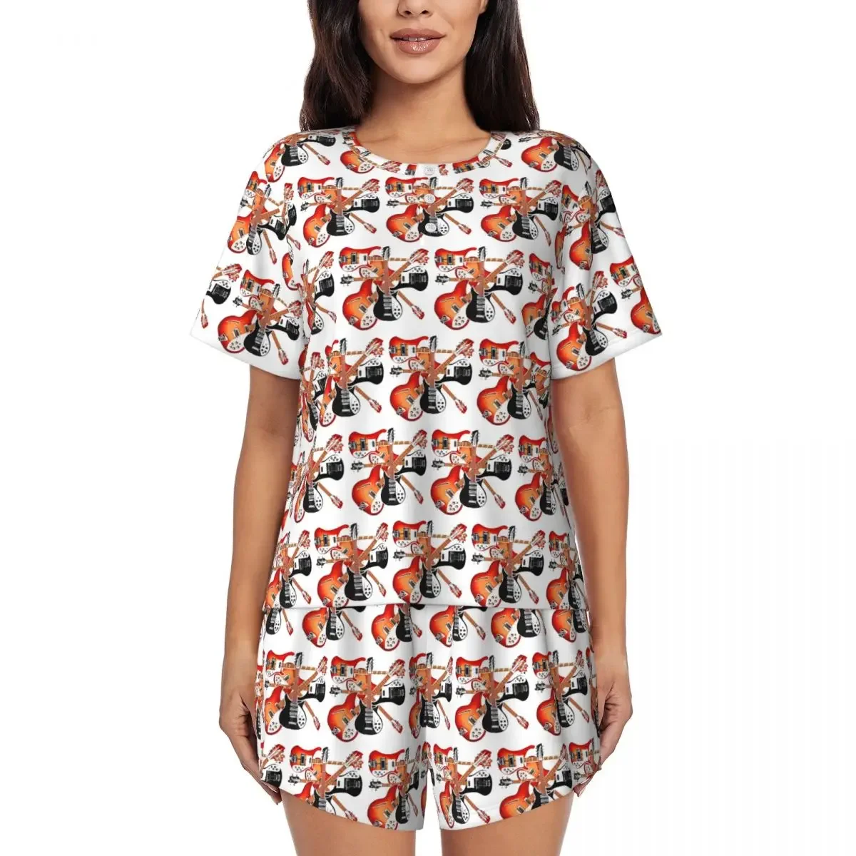 

Rickenbacker Guitar Celebration Abstract Art Round Neck Short Sleeve Nightgowns for Sleeping Women Pajama Set Short Pants