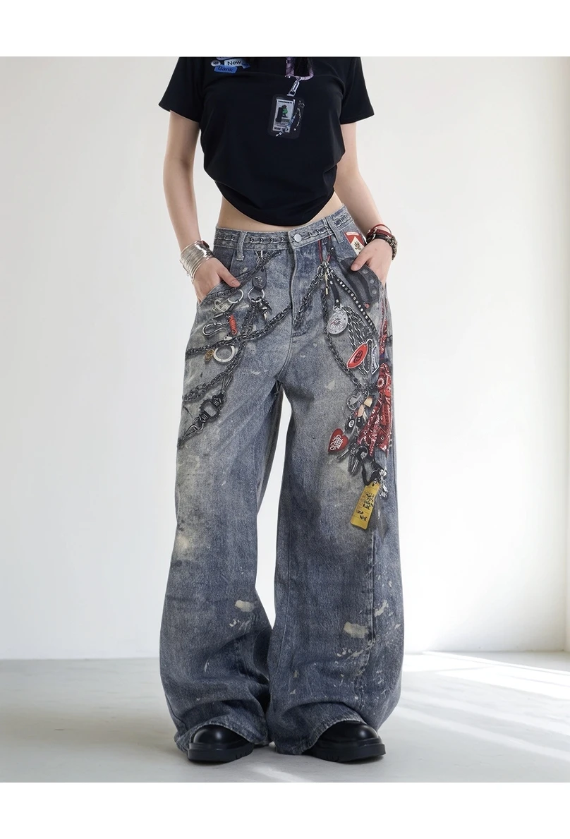 Chic moda pintada feminina 3d correntes impressas jeans americano retro cintura alta casual calças jeans feminino na moda estilo de rua