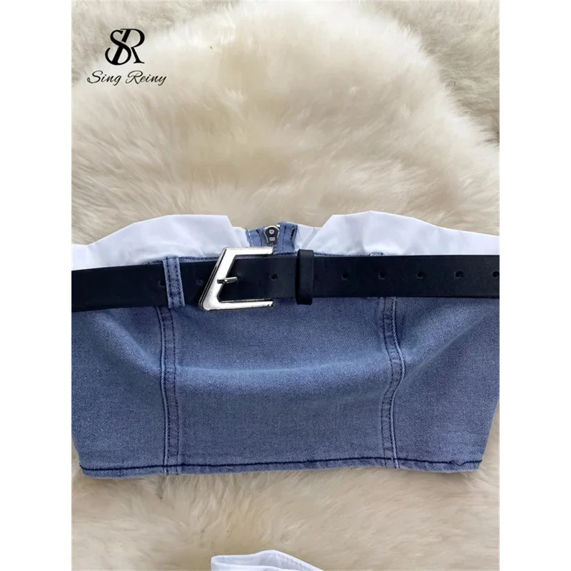 SINGREINY Mode Amerikanischen Retro Y2K Sexy Denim Anzüge Frauen Liebsten Mini Top + Plissee Mini Rock Vintage Strand Zwei Stücke set